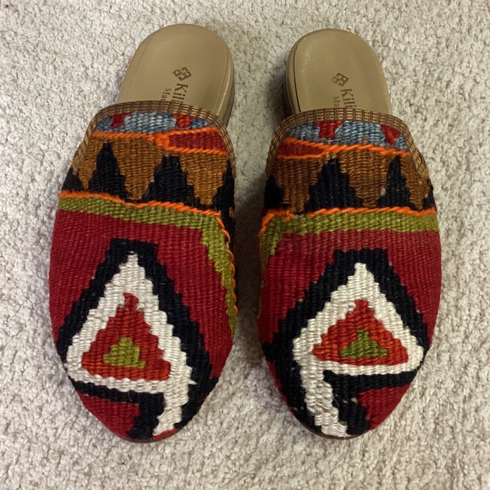 Kilim Art Women's southwest slide pointed toe 100% wool leather  size 6 handmade